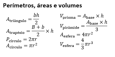 Fórmulas de perímetros, áreas e volumes