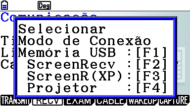 Menu de conexão USB na calculadora a pedir para selecionar o modo de conexão