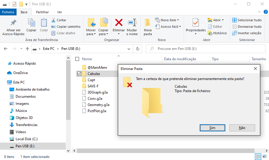 Caixa de diálogo a confirmar o apagamento da pasta