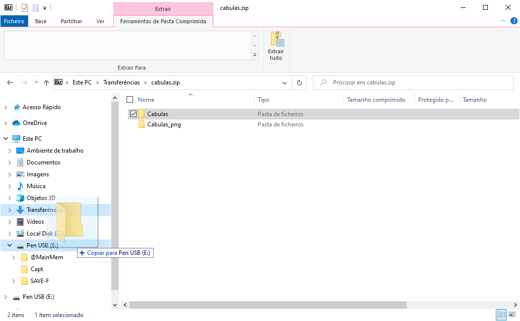 Ficheiro zip aberto com o Explorador de Ficheiros